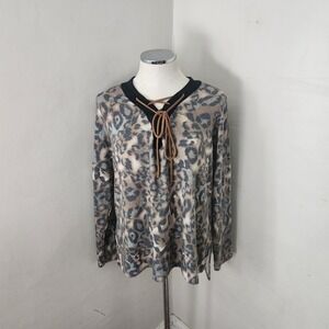 White Birch Womens Leopard Print Lace Up V-Neck Top Medium Brown